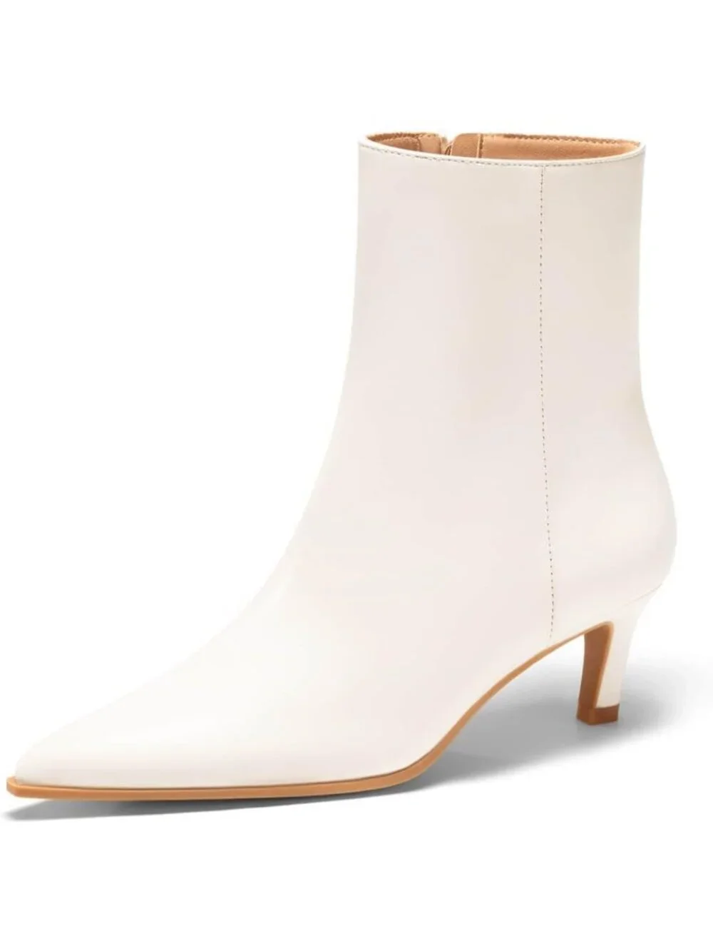 Women Cream White Pu Kitten Heel Faux Leather Pointed Toe Side Zipper Ankle Boot
